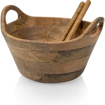 Picnic Time Ciotola Wood Salad Bowl & Servers In Brown