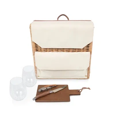 Picnic Time Corsica Grande Deluxe Wine & Cheese Set Tote Basket With Backpack Straps In Beige