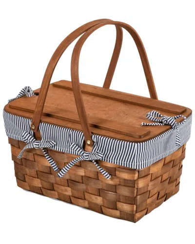 Picnic Time Dnu  Kansas Stripe Handwoven Wood Picnic Basket In Navy