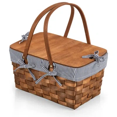Picnic Time Kansas Handwoven Wood Picnic Basket - Large Basket With Tabletop Lid In Navy Blue,white Stripe