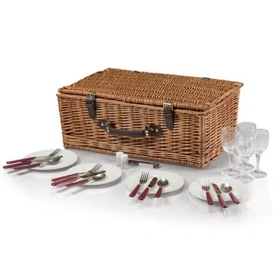Picnic Time Newbury Wicker Picnic Basket With 4 Person Picnic Set In Blue;brown;tan;gray