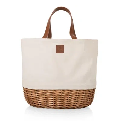 Picnic Time Promenade Canvas And Willow Tote Basket With Outdoor Dining Set For 2 In Beige Canvas