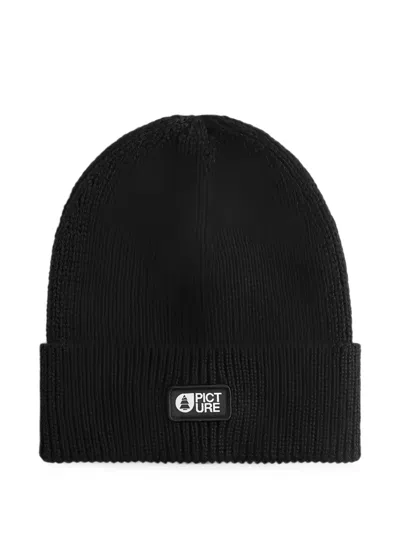 Picture Logo-patch Ribbed-knit Beanie Hat In Black