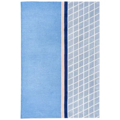 Pre-owned Pieces Court Series Net Rug By , Modern Hand Tufted Grid Pattern Sporty Carpet In Blue