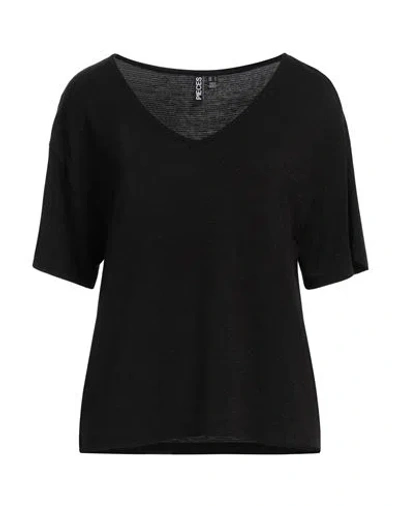 Pieces Woman T-shirt Black Size M Ecovero Viscose, Metallic Fiber, Elastane