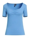 Pieces Woman T-shirt Light Blue Size M Cotton, Elastane