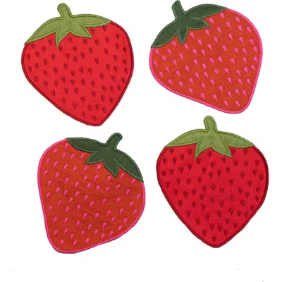 Piecework Puzzles Strawberry Set Of 4 Linen Cocktail Napkins In Red