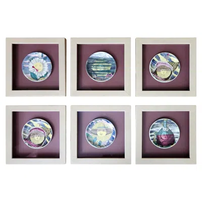 Pre-owned Piero Fornasetti Soli Porcelain Coasters, Framed Set Of Six, Circa 1960 In Gray