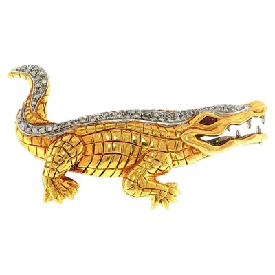 Pre-owned Piero Milano 18k Gold Crocodile Brooch With Diamond Crest And Ruby Eye In Multi