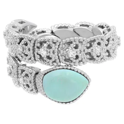 Pre-owned Piero Milano Natural Diamond & Turquoise Ring 18k White Gold 0.18cttw Size 6.5