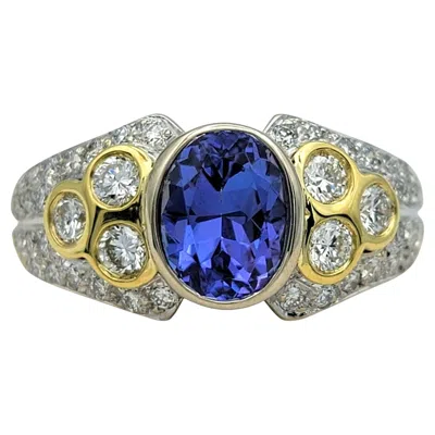 Pre-owned Piero Milano Oval Cut Tanzanite & Diamond Cocktail Ring In 18 Karat Yellow Gold