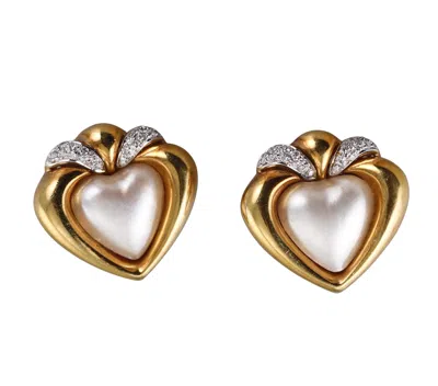 Pre-owned Piero Milano Vintage Gold Mabe Pearl Diamond Heart Earrings In Multi