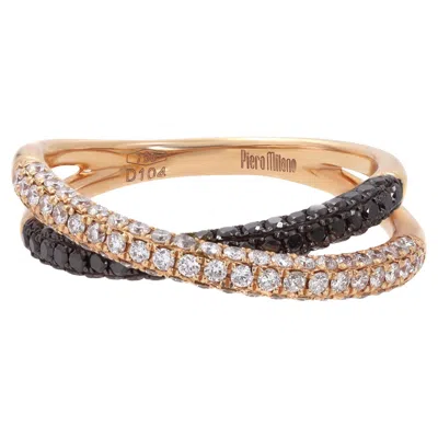 Pre-owned Piero Milano White & Black Diamond Crossover Ring 18k Rose Gold 1.04cttw