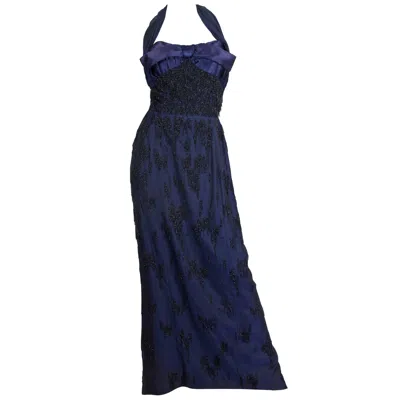 Pre-owned Pierre Balmain 1950s  Black & Blue Haute Couture Silk Organza Beaded Trained Gow