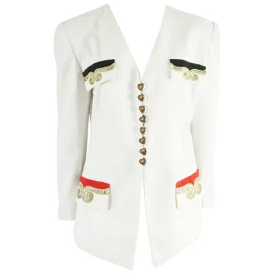 Pre-owned Pierre Balmain 1990's White Cotton Embroidered Jacket - Size Medium