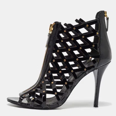 Pre-owned Pierre Balmain Black Patent Leather Studded Cage Sandals Size 41