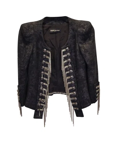 Pierre Balmain Embellished Military Jacket In Grey Silk