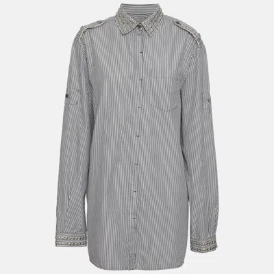 Pre-owned Pierre Balmain Grey/white Pin Stripe Poplin Studded Long Sleeve Shirt M In Gray