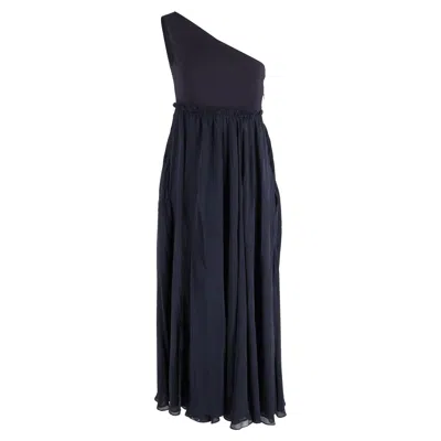 Pierre Balmain Maxi One-shoulder Sleeve Dress In Navy Blue Polyester And Cotton