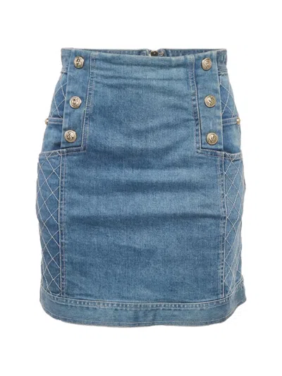 Pre-owned Pierre Balmain Quilted-panel Button-embellished Mini Denim Skirt In Blue
