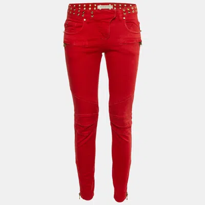 Pierre Balmain Red Denim Studded Slim Fit Jeans M/waist
