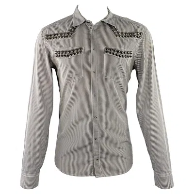 Pre-owned Pierre Balmain Size M Silver Black White Stripe Studded Cotton Long Sleeve Shirt