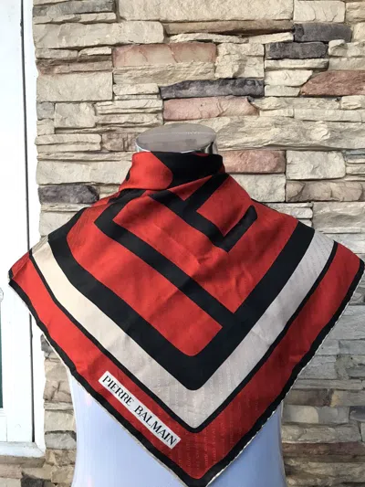 Pre-owned Pierre Balmain Vintage  Monogram Silk Scarf In Red