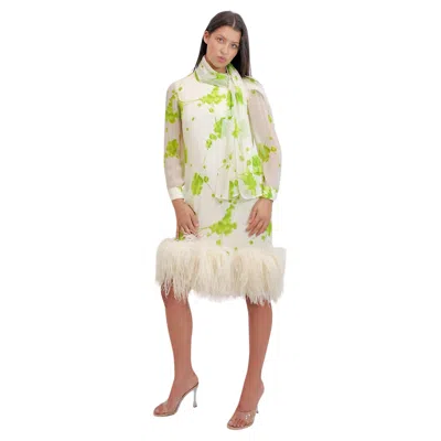 Pre-owned Pierre Cardin 1960s Chiffon Printed Cocktail Dress With Ostrich Feather Hem In Sand