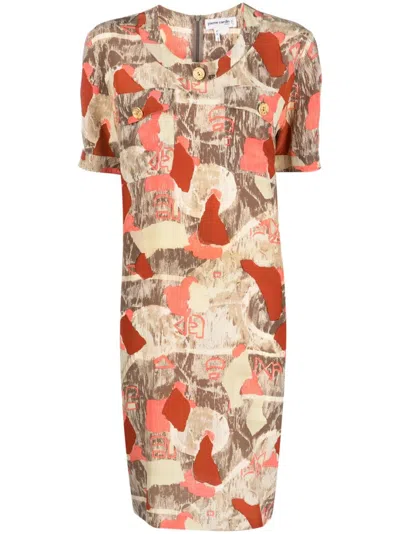 Pre-owned Pierre Cardin 1980s Abstract Print Short-sleeved Silk Dress In Brown