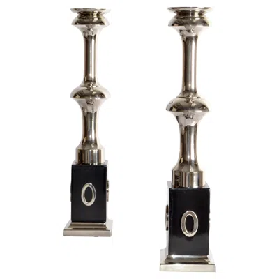 Pre-owned Pierre Cardin 2 Art Deco Style Heavy Votive Polished Nickel Black Decorate Base Candle Holder