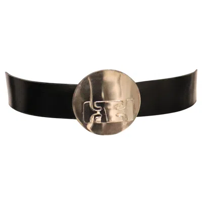 Pre-owned Pierre Cardin Black Belt W/ Stainless Steel Mid-century Abstract Motif Buckle