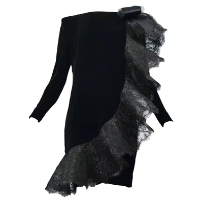 Pre-owned Pierre Cardin Black Velvet & Lace Ruffle Dress 1980s