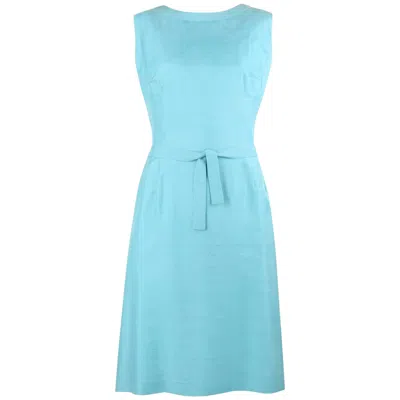 Pre-owned Pierre Cardin C.1960's Aquamarine Blue Silk Knife Pleated Shift Dress + Belt