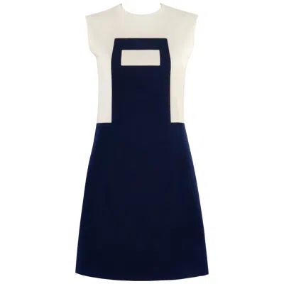 Pre-owned Pierre Cardin C.1960's Navy Cream Geometric Mod Color Block Mini Dress In White