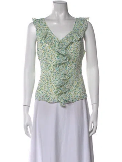 Pre-owned Pierre Cardin Floral Print V-neck Top In Green