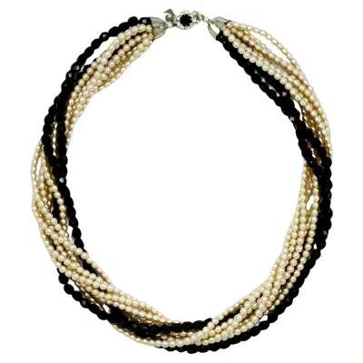 Pre-owned Pierre Cardin Glass Pearl And Black Glass Necklace With A Rhinestone Clasp 1980s