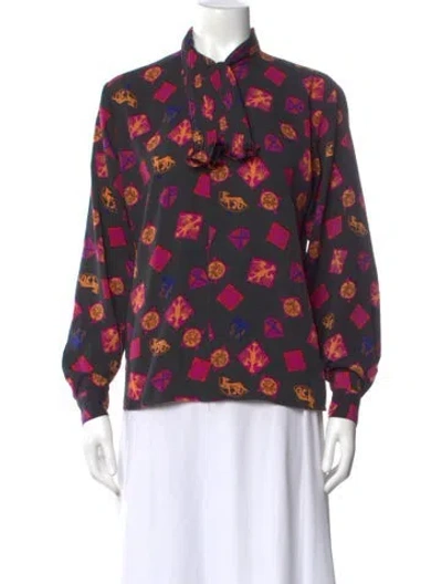 Pre-owned Pierre Cardin Graphic Print Long Sleeve Blouse In Black