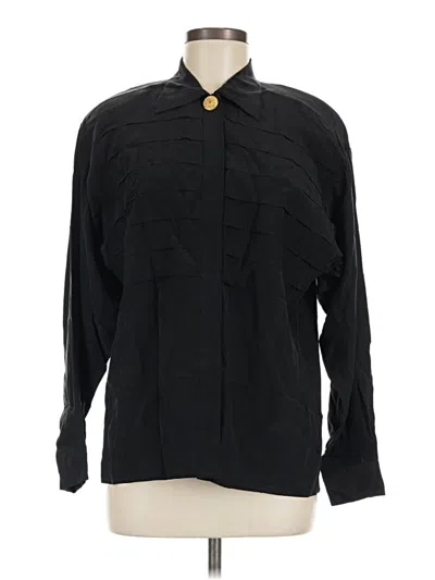 Pre-owned Pierre Cardin Long Sleeve Silk Top Black Solid Pattern Collared Neckline Tops