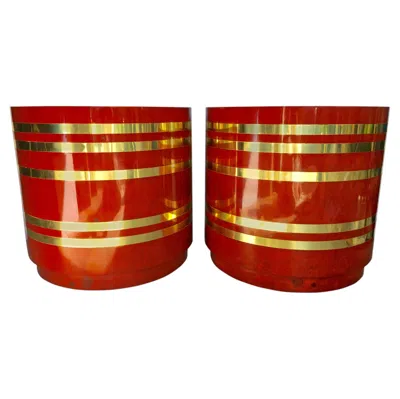 Pre-owned Pierre Cardin Mid-century Modern Burl Wood And Brass Striped Round Side Drum Tables, Pair In Brown