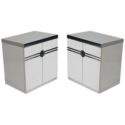 Pre-owned Pierre Cardin Pair Of Mid-century Modern White Nightstands By  In Art Deco Form