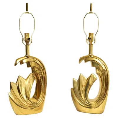 Pre-owned Pierre Cardin Pair Of  1980s Postmodern Hollywood Regency Brass Tidal Wave Table In Sand
