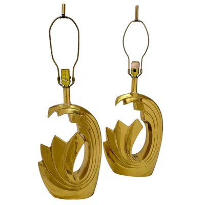 Pre-owned Pierre Cardin Pair Of  Brass Tidal Wave Lamps In Brown