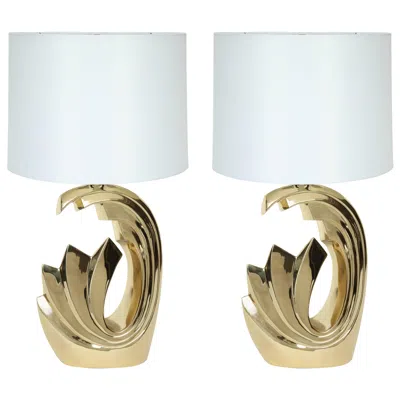 Pre-owned Pierre Cardin Polished Brass Tidal Wave Table Lamps, Modern Design In Transparent