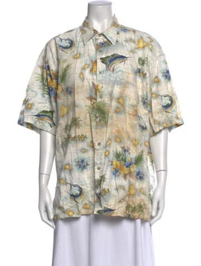 Pre-owned Pierre Cardin Printed Short Sleeve Button-up Top In Neutrals