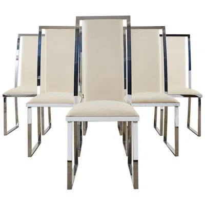 Pre-owned Pierre Cardin Set Of Six  Flat Bar Chrome Dining Chairs In Beige