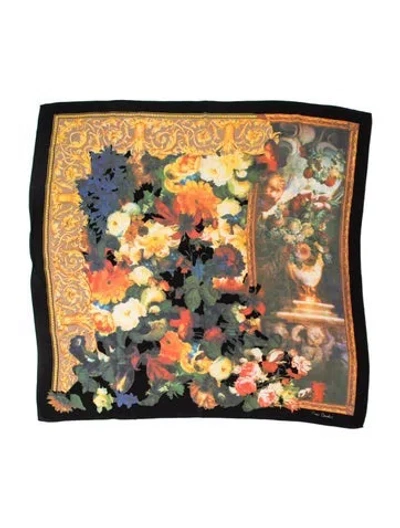 Pre-owned Pierre Cardin Silk Floral Print Scarf In Black