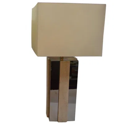 Pre-owned Pierre Cardin Single Square Copper Mirror And Travertine Lamp In Brown