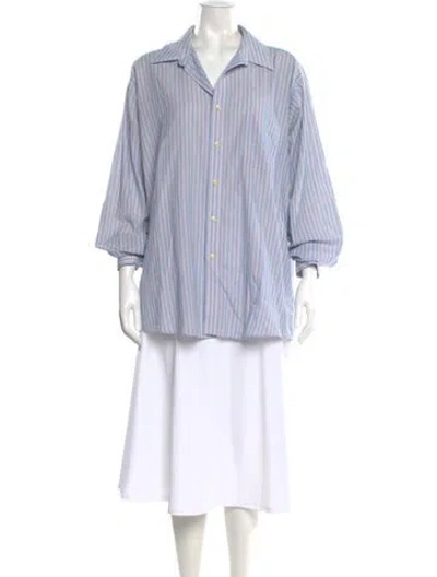 Pre-owned Pierre Cardin Striped Three-quarter Sleeve Button-up Top In Blue