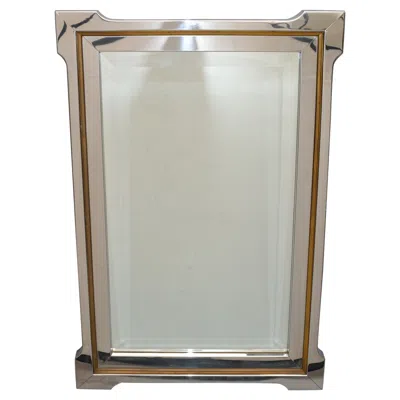 Pre-owned Pierre Cardin Style Mid-century Modern Chrome, Brass & Wood Beveled Wall Mirror In Brown