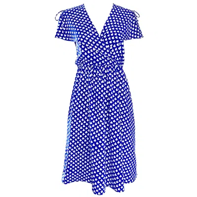 Pre-owned Pierre Cardin Vintage  1970s Blue + White Heart Print Flutter Sleeve 70s Dress